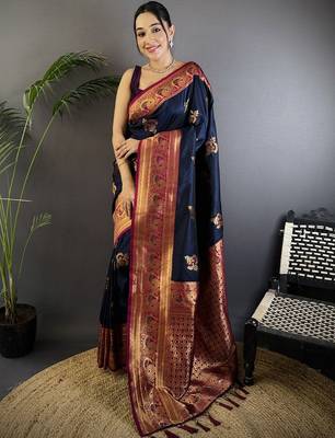 Navy blue navy blue banarasi silk zari meenakari weaving saree with contrast blouse piece 1
