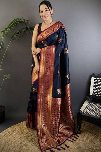 Navy blue navy blue banarasi silk zari meenakari weaving saree with contrast blouse piece