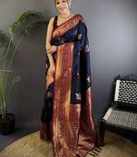 Navy blue navy blue banarasi silk zari meenakari weaving saree with contrast blouse piece