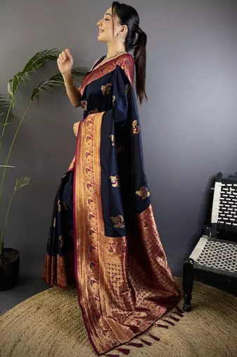 Navy blue navy blue banarasi silk zari meenakari weaving saree with contrast blouse piece