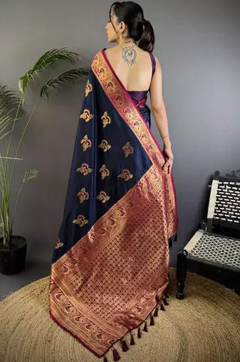 Navy blue navy blue banarasi silk zari meenakari weaving saree with contrast blouse piece