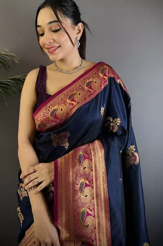 Navy blue navy blue banarasi silk zari meenakari weaving saree with contrast blouse piece