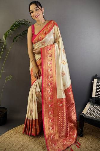 White white banarasi silk zari meenakari weaving saree with contrast blouse piece
