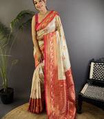 White white banarasi silk zari meenakari weaving saree with contrast blouse piece