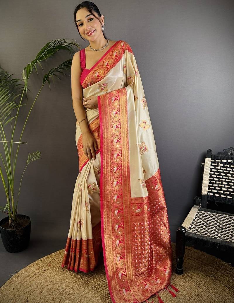 White white banarasi silk zari meenakari weaving saree with contrast blouse piece