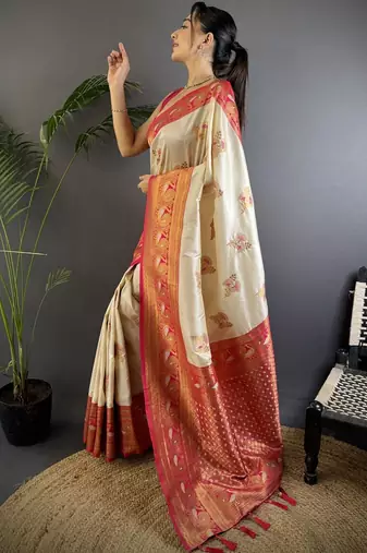 White white banarasi silk zari meenakari weaving saree with contrast blouse piece