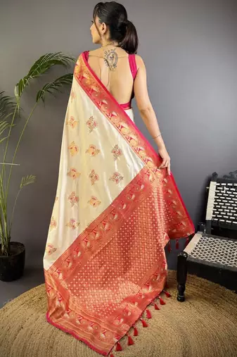 White white banarasi silk zari meenakari weaving saree with contrast blouse piece