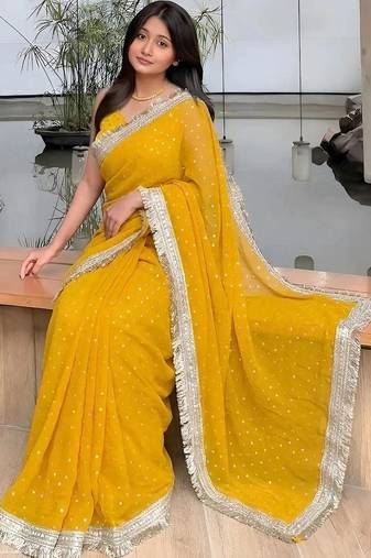 Yellow embellished embroidered satin saree