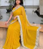 Yellow embellished embroidered satin saree