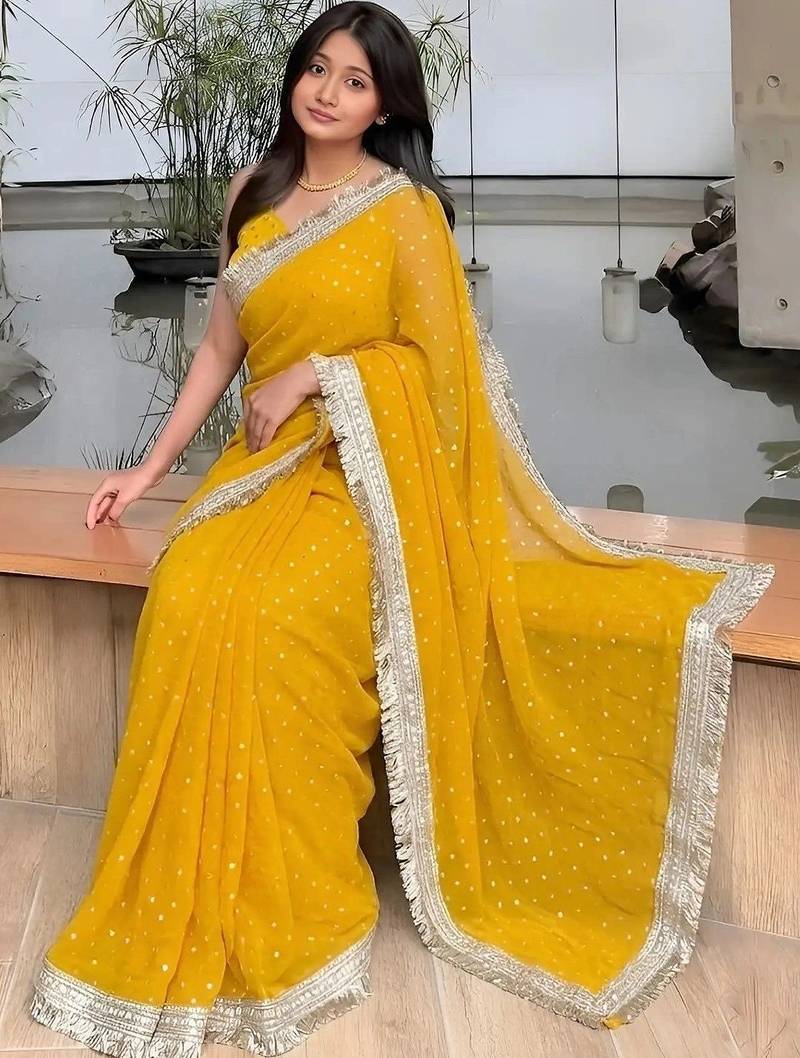 Yellow embellished embroidered satin saree