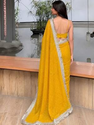 Yellow embellished embroidered satin saree 4