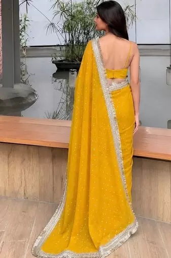 Yellow embellished embroidered satin saree