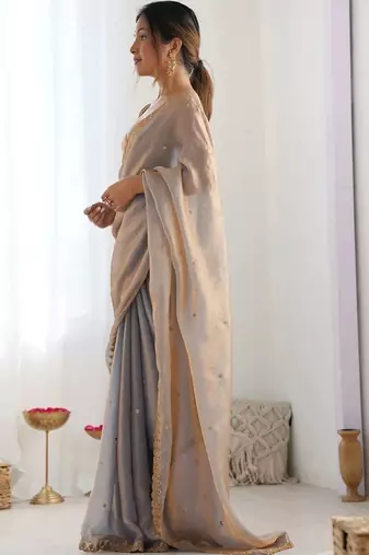 Grey ethnic motifs embroidered bagh saree