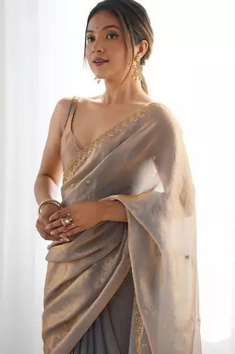 Grey ethnic motifs embroidered bagh saree