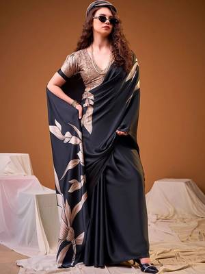 Black floral satin designer saree 1