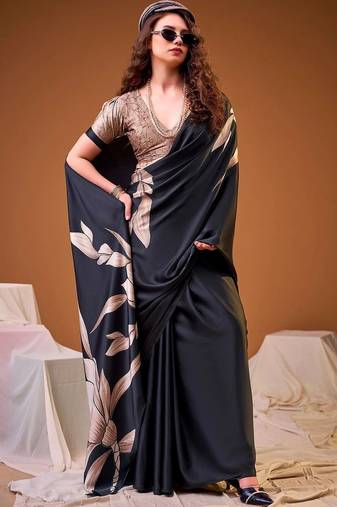 Black floral satin designer saree