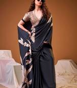 Black floral satin designer saree