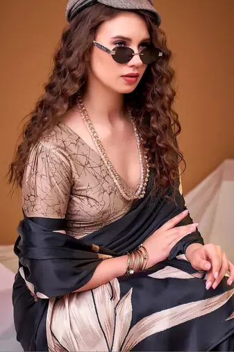 Black floral satin designer saree