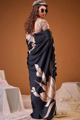 Black floral satin designer saree