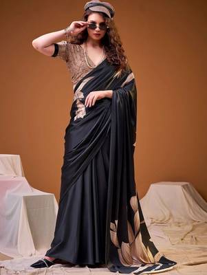 Black floral satin designer saree 4