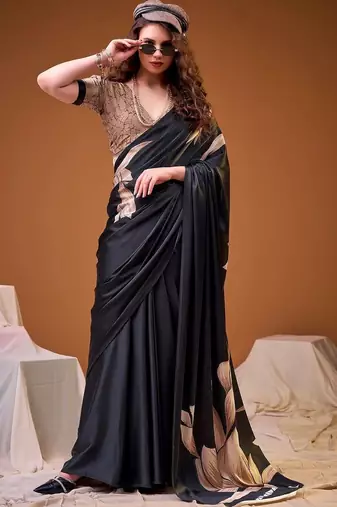 Black floral satin designer saree