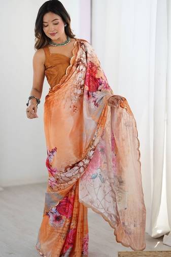 Peach floral sequinned pure chiffon saree