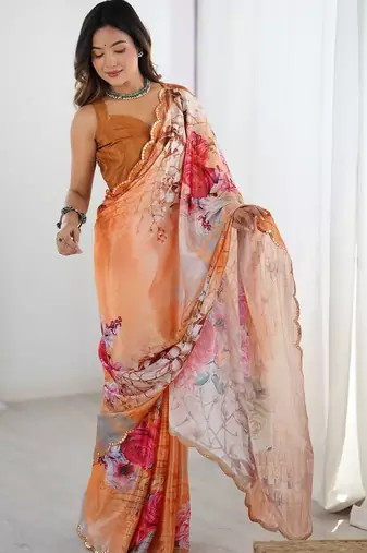 Peach floral sequinned pure chiffon saree