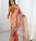 Peach floral sequinned pure chiffon saree