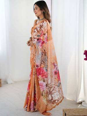 Peach floral sequinned pure chiffon saree 2