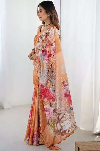 Peach floral sequinned pure chiffon saree
