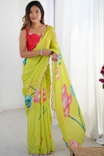 Lime floral sequinned pure chiffon saree