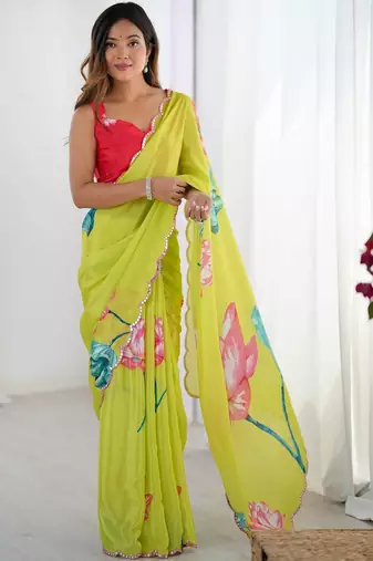 Lime floral sequinned pure chiffon saree