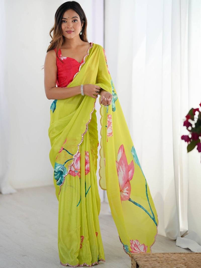 Lime floral sequinned pure chiffon saree