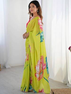 Lime floral sequinned pure chiffon saree 2