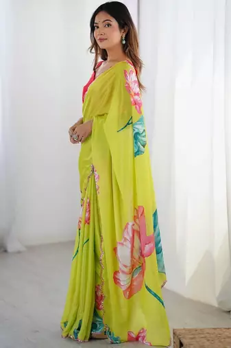 Lime floral sequinned pure chiffon saree