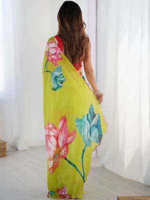 Lime floral sequinned pure chiffon saree 3