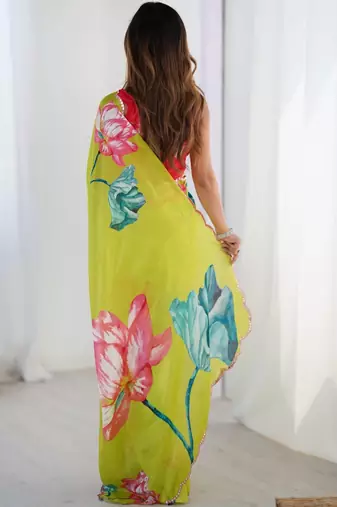 Lime floral sequinned pure chiffon saree