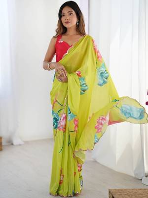Lime floral sequinned pure chiffon saree 4