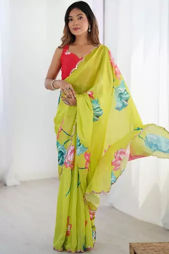 Lime floral sequinned pure chiffon saree