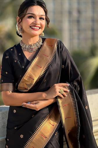 Black woven design zari silk blend paithani saree