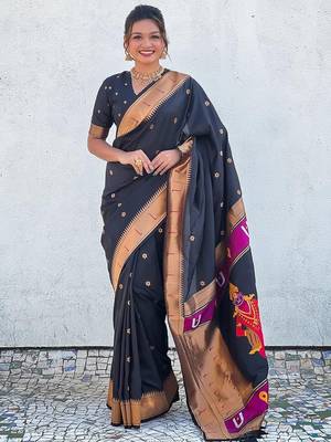 Black woven design zari silk blend paithani saree 2