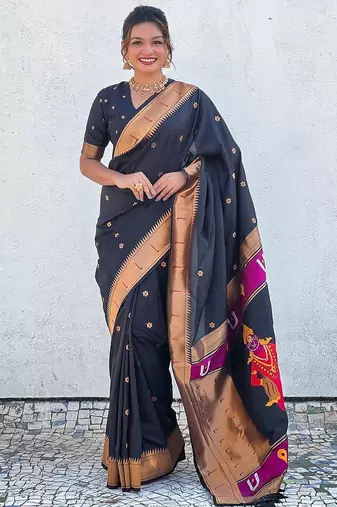 Black woven design zari silk blend paithani saree