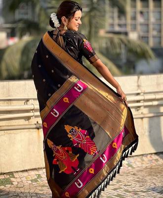 Black woven design zari silk blend paithani saree 3