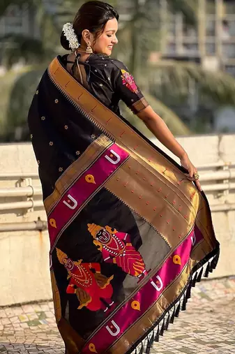 Black woven design zari silk blend paithani saree