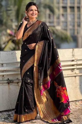 Black woven design zari silk blend paithani saree