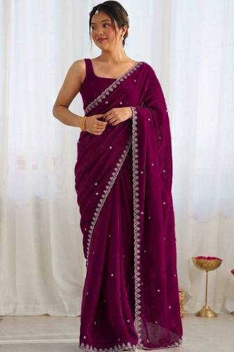 Purple ethnic motifs embroidered bagh saree