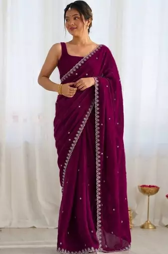 Purple ethnic motifs embroidered bagh saree