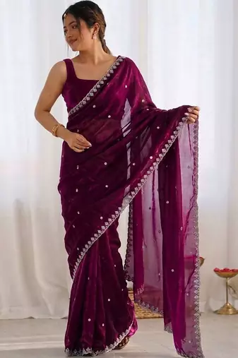 Purple ethnic motifs embroidered bagh saree