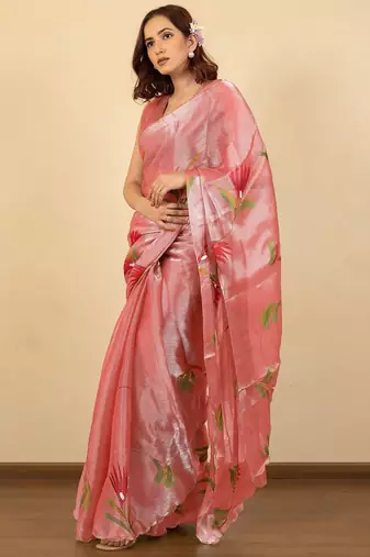 Peach floral embellished beads and stones saree