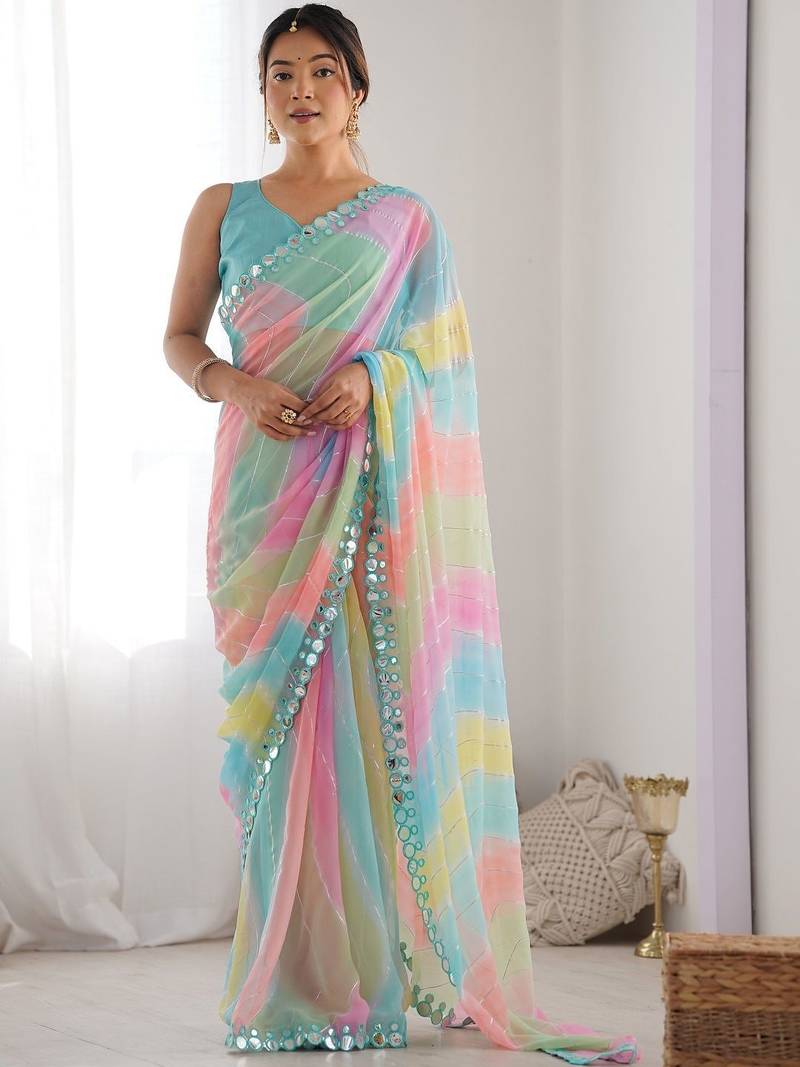 Multicolor leheriya mirror work leheriya saree
